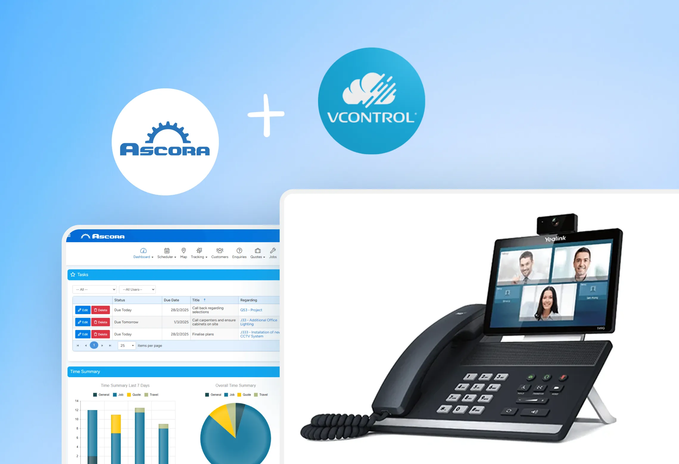 Tradesperson taking a customer call with a transcript syncing between Ascora and vControl.